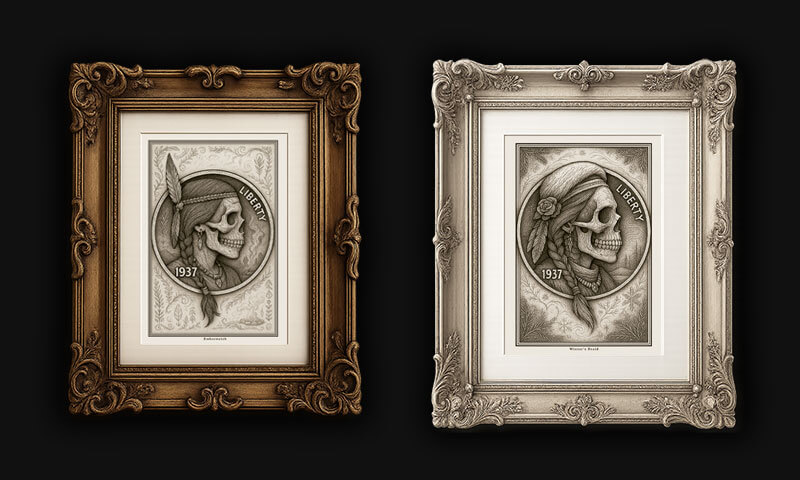 Braided Spirits Prints:
Native American Women of the West, Engraved on Buffalo Nickels.